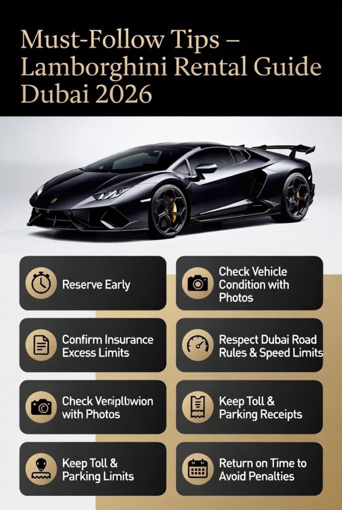 Lamborghini rental guide Dubai 2026 must-follow tips showing reservation advice, insurance checks, vehicle inspection, road rules, receipts, and on-time return with a luxury Lamborghini on white background