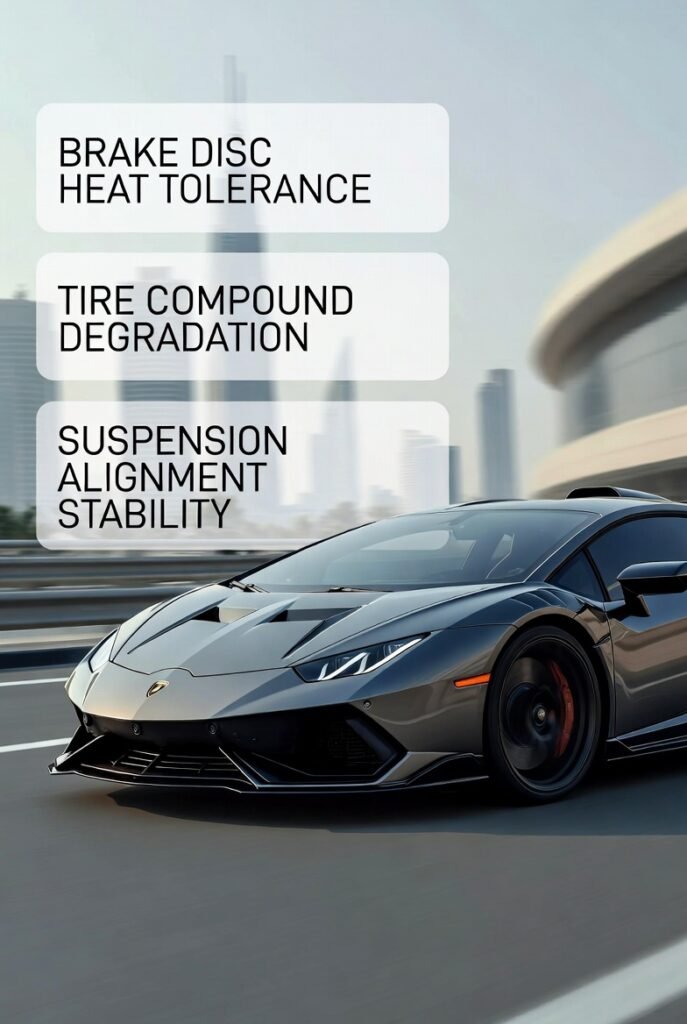 Lamborghini supercar shown in a professional Dubai setting with side panels explaining rental mileage limits based on brake heat tolerance, tire wear, and suspension alignment stability.