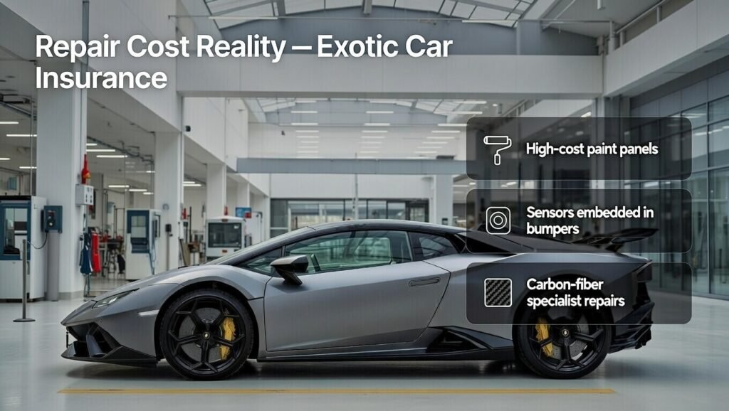 User guide image showing why Lamborghini rental insurance is necessary due to high paint costs, bumper sensors, and carbon fiber repair requirements in Dubai 2026