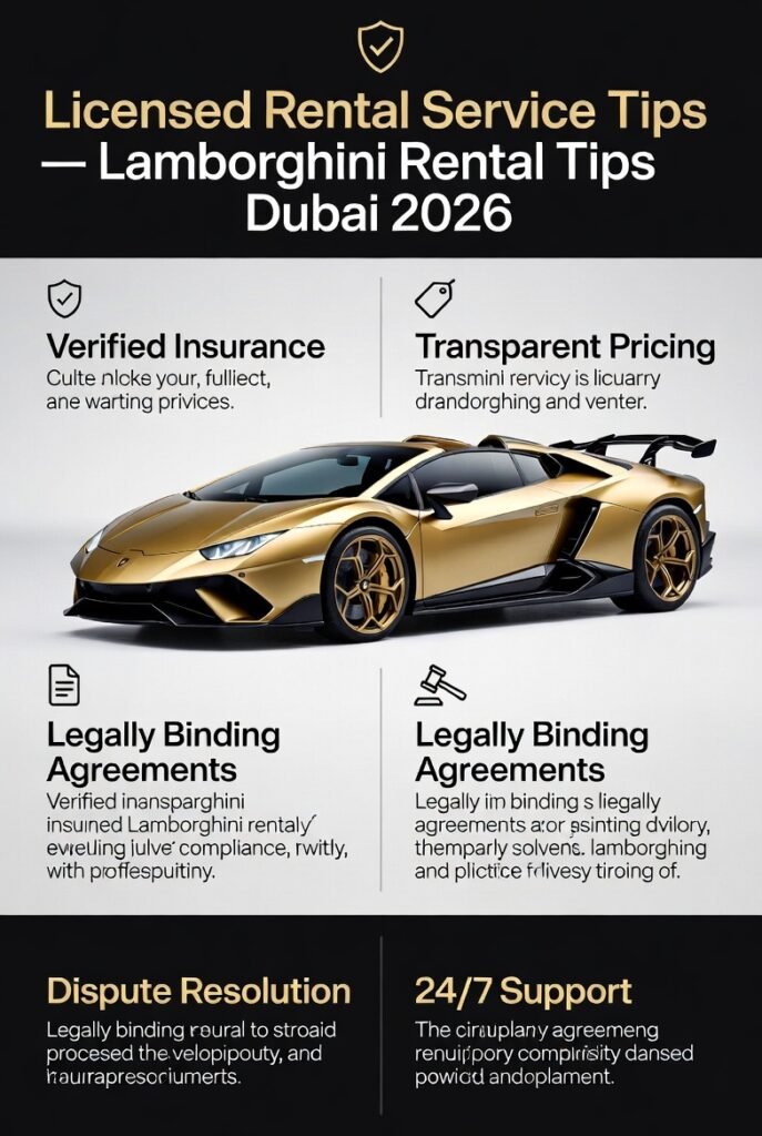 Licensed Lamborghini rental service tips Dubai 2026 showing verified insurance, transparent pricing, legal agreements, dispute handling, and 24/7 support with white background car view