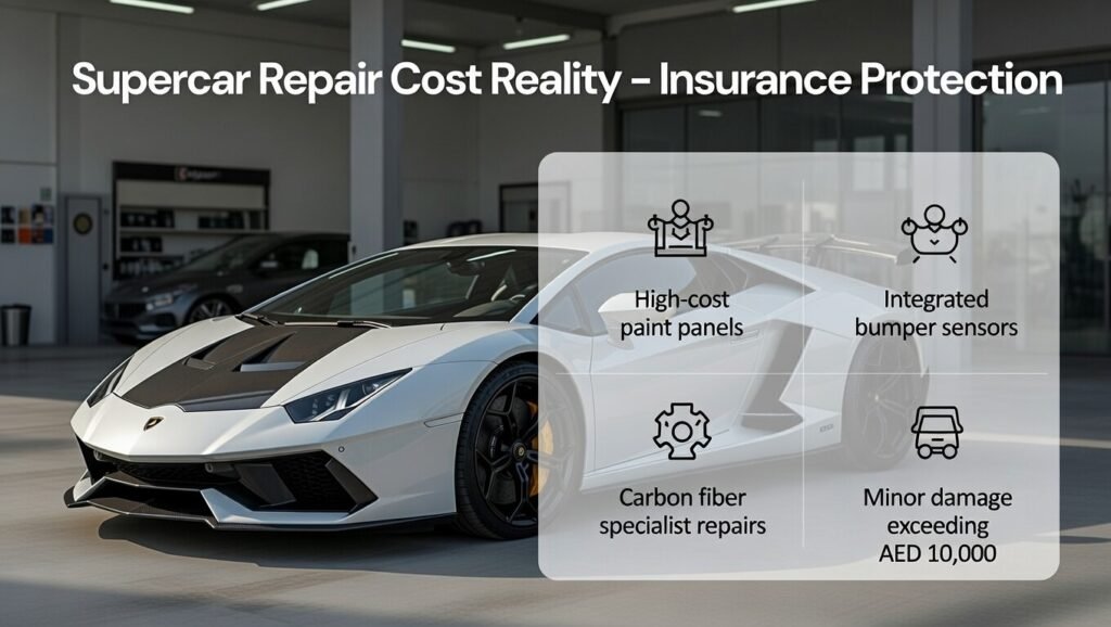 User guide image explaining Lamborghini rental insurance repair cost reality including expensive paint panels, sensors, carbon fiber repairs, and high damage costs in Dubai 2026