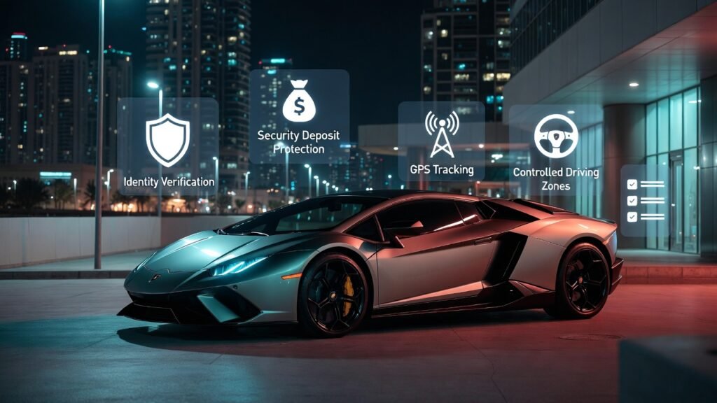 Lamborghini rental security rules Dubai 2026 showing identity checks, security deposit protection, GPS tracking systems, controlled usage limits, and compliance procedures for safe and fully protected Lamborghini rentals
