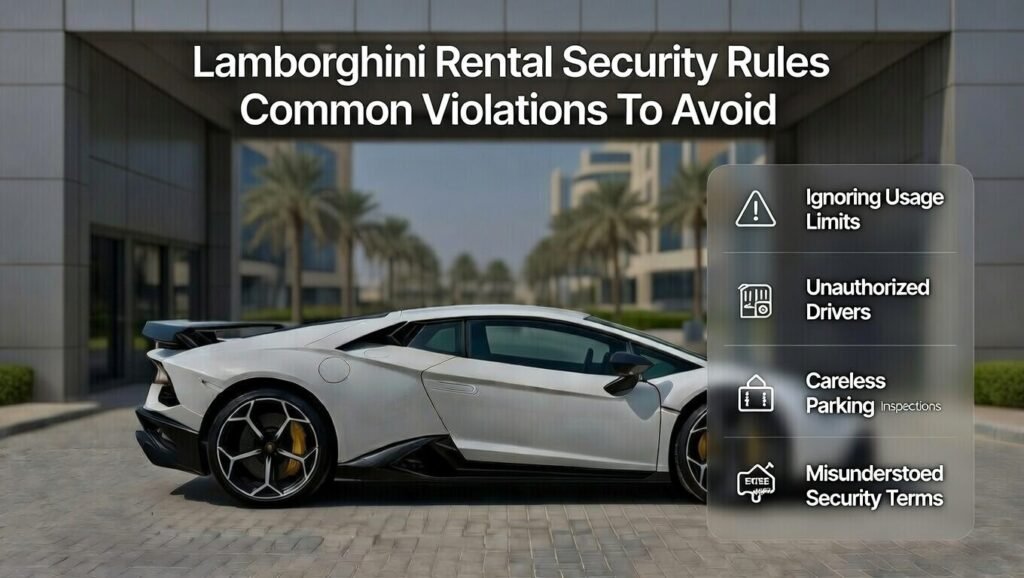 Lamborghini rental security rules Dubai 2026 highlighting common violations to avoid such as ignoring usage limits, allowing unauthorized drivers, skipping inspections, careless parking, and misunderstanding security terms