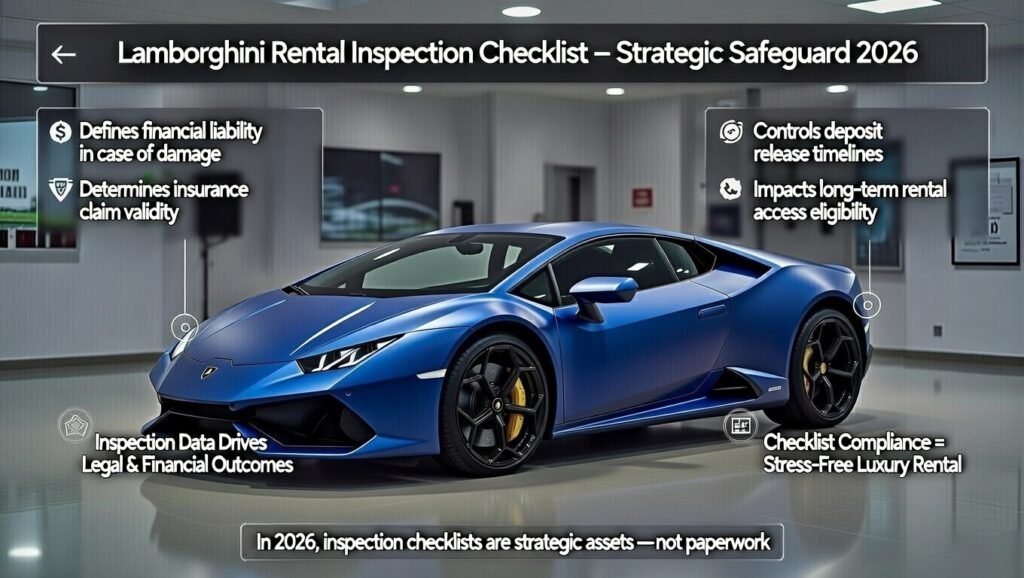 Full-view Lamborghini supercar displayed in a Dubai luxury rental facility with strategic inspection overlays highlighting financial liability, insurance validity, deposit release timelines, and long-term rental eligibility.