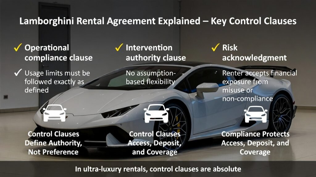 Full-view Lamborghini supercar in a Dubai luxury rental compliance environment with control-clause overlays showing operational usage limits, intervention authority, and renter risk acknowledgment under the rental agreement.