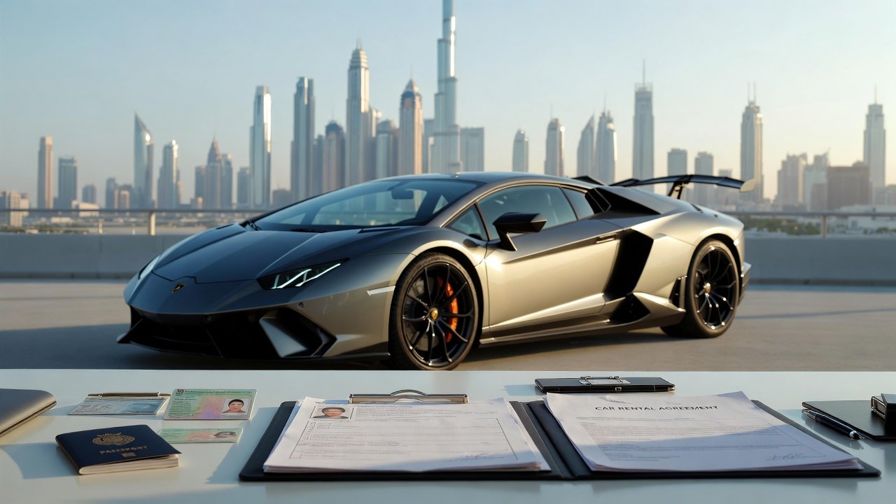 Lamborghini rental documentation guide in Dubai showing required papers and luxury car background