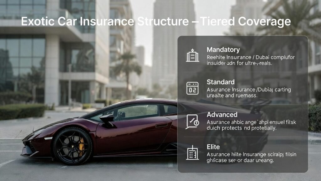 Tier-based insurance structure for exotic Lamborghini rentals showing coverage levels and renter responsibility in Dubai