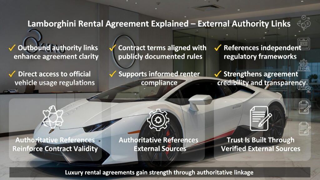 Full-view Lamborghini supercar in a Dubai luxury rental office with authority-link overlays showing connections to official regulations, public compliance sources, and independent legal frameworks supporting the rental agreement.