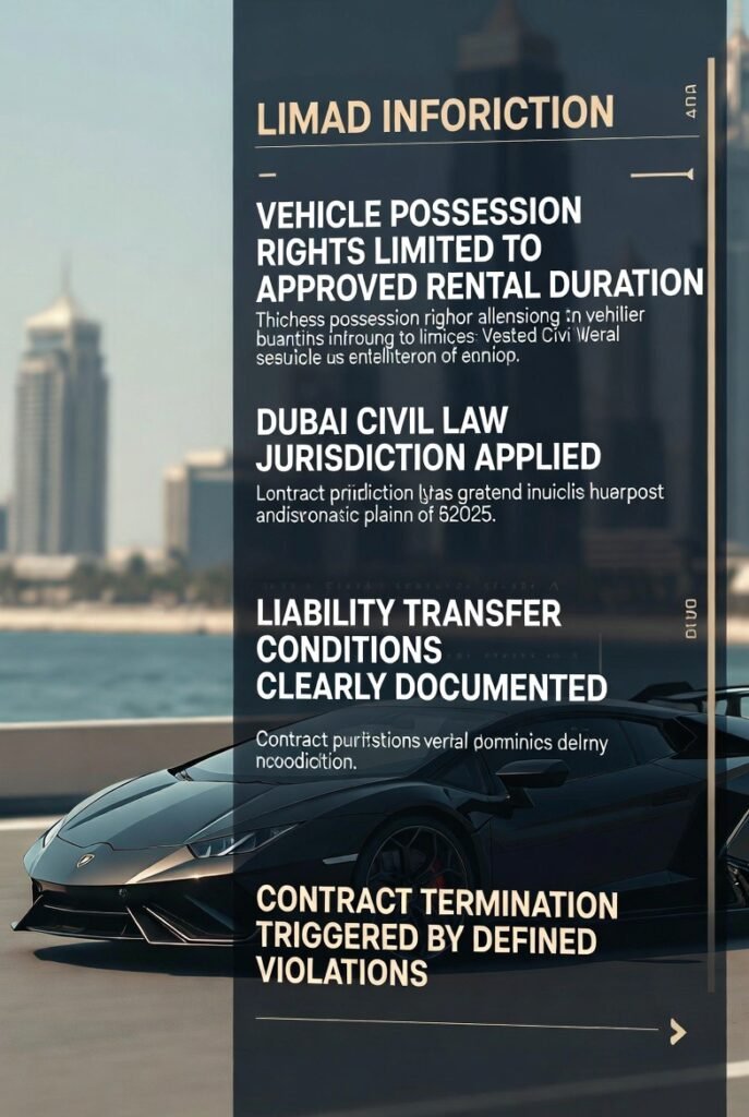 Legal Binding Scope Of Lamborghini Rental Terms Explained Lamborghini rental terms explained showing legally binding contract scope, liability allocation, jurisdiction authority, and termination clauses in Dubai