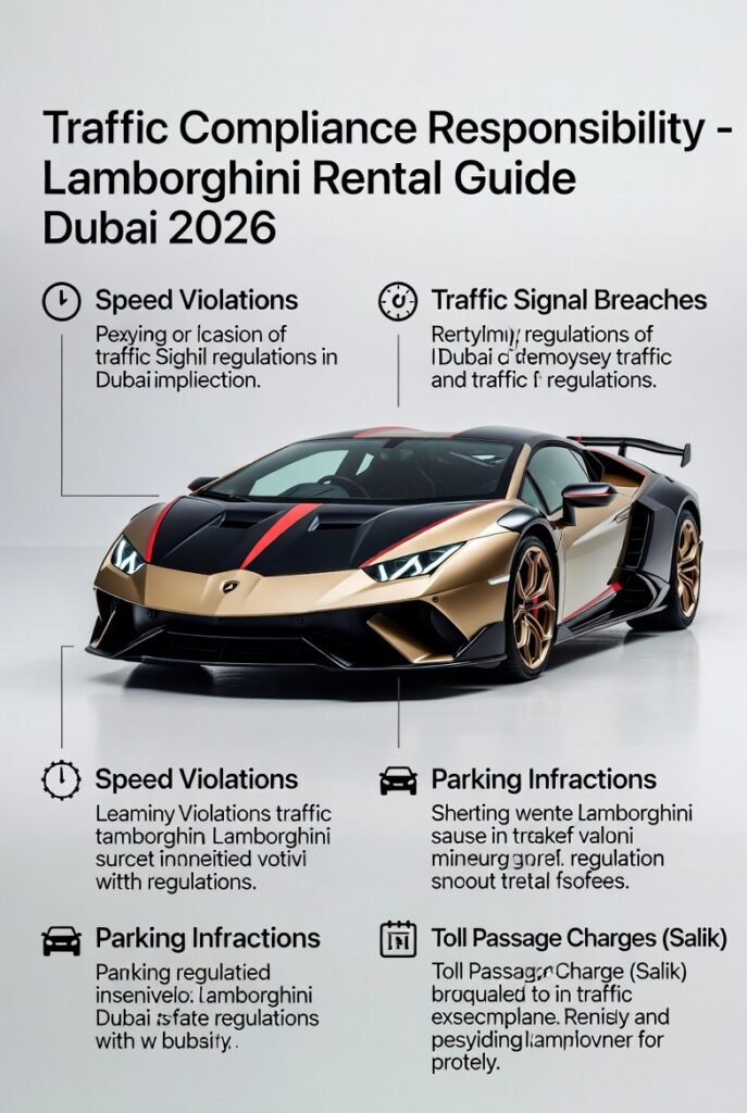 Lamborghini rental traffic compliance responsibility Dubai 2026 highlighting speed violations, signal breaches, parking infractions, and toll passage charges with a luxury Lamborghini on white background