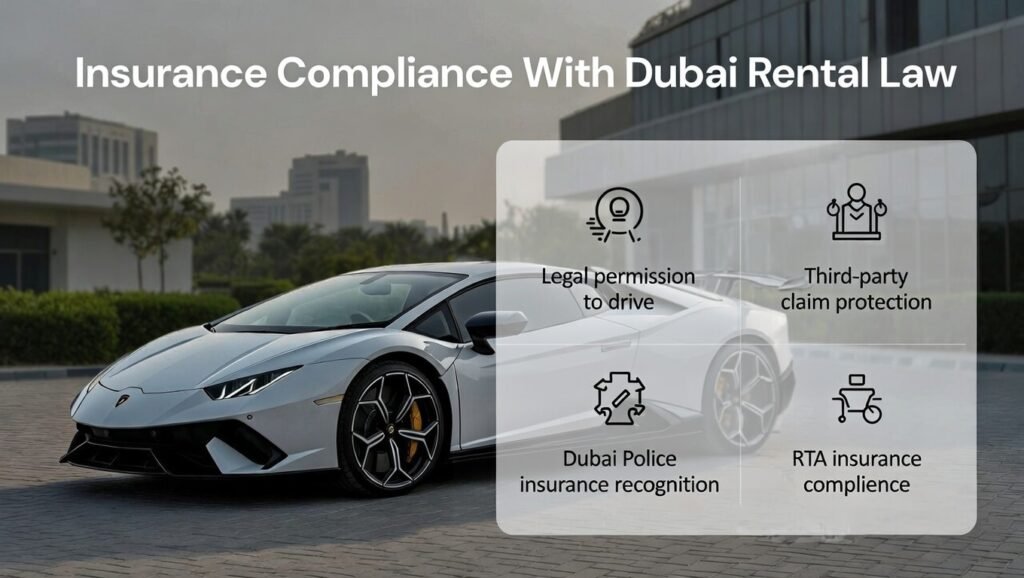 User guide image showing Lamborghini rental insurance role in Dubai rental law compliance including legal driving permission, third-party protection, police recognition, and RTA standards in 2026