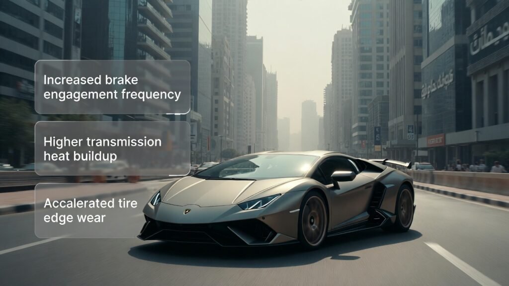 Dubai’s high-density urban zones generate higher mileage consumption per hour due to variable traffic flow, frequent stops, and constrained driving patterns. Areas such as Downtown, Business Bay, Marina, and JBR place significantly more mechanical demand on high-performance vehicles than open highways.