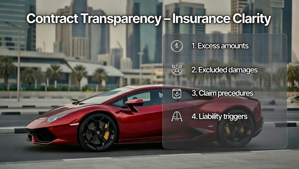 User guide image highlighting contract transparency in Lamborghini rental insurance including excess amounts, exclusions, claim procedures, and liability triggers in Dubai 2026