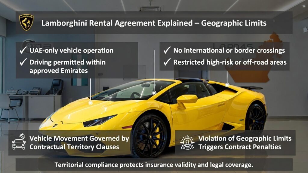 Full-view Lamborghini supercar in a Dubai luxury rental setting with geographic restriction overlays showing UAE-only operation, prohibited border crossings, and restricted high-risk areas under rental agreement terms.