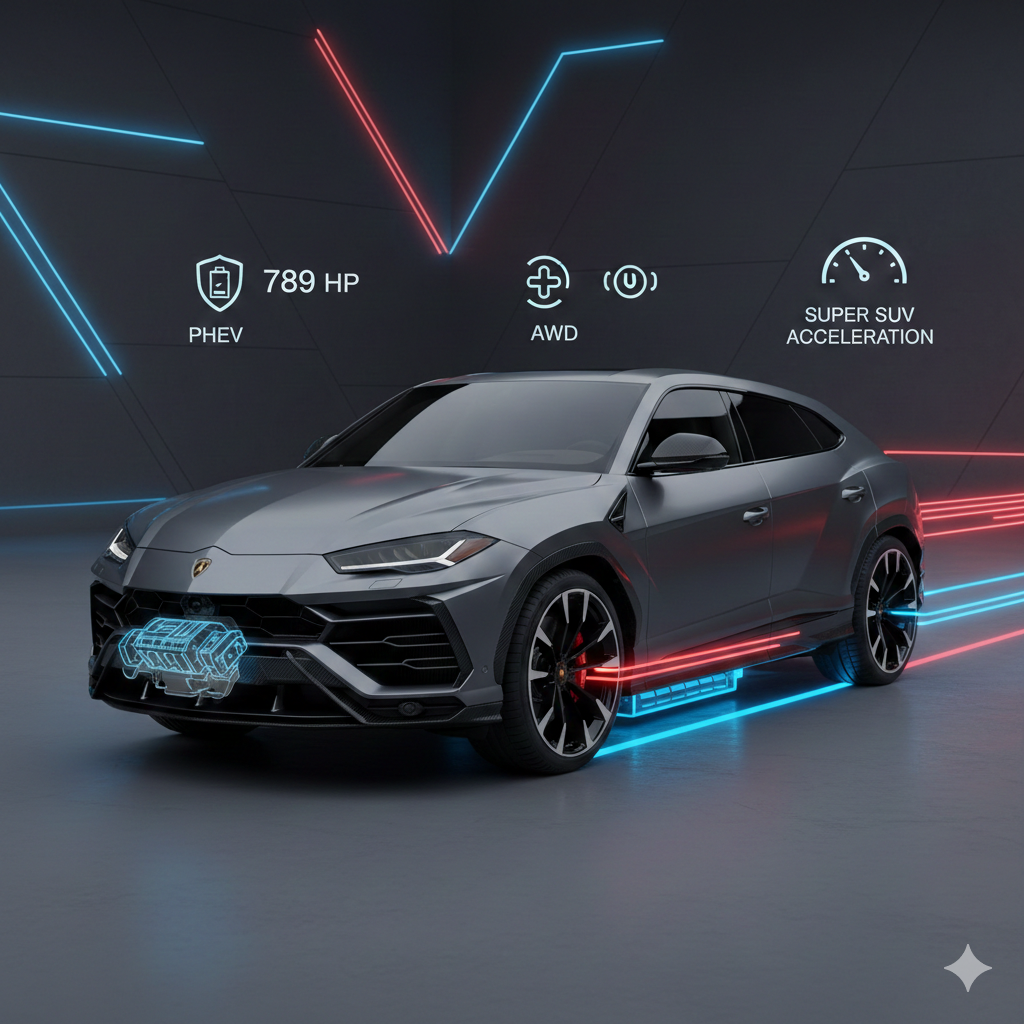 2026 Lamborghini Urus SE plug-in hybrid luxury SUV showcasing electrified performance with twin-turbo V8 and electric motor power in a premium studio setting