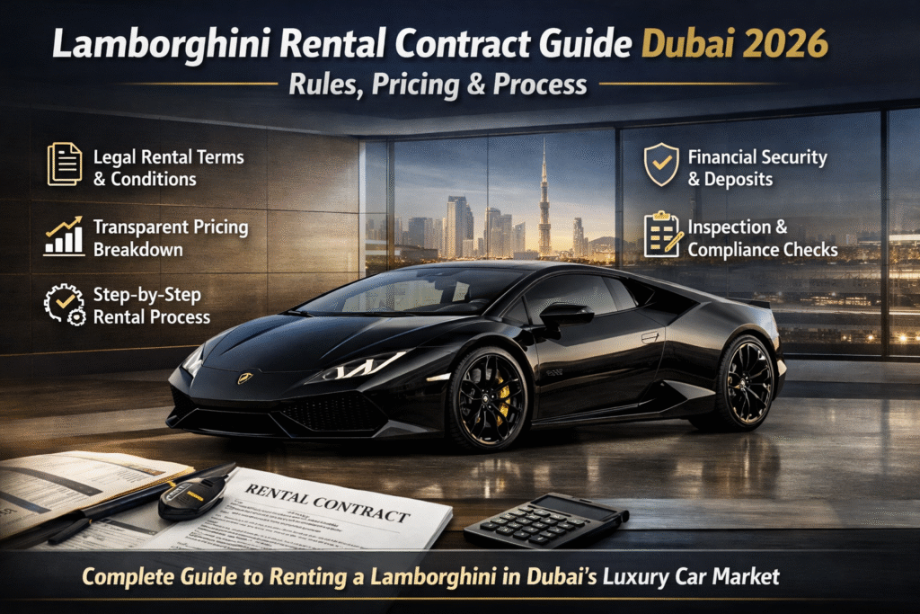 Lamborghini rental contract guide showing a luxury Lamborghini in Dubai with contract terms, pricing structure, inspection procedures, and rental process transparency