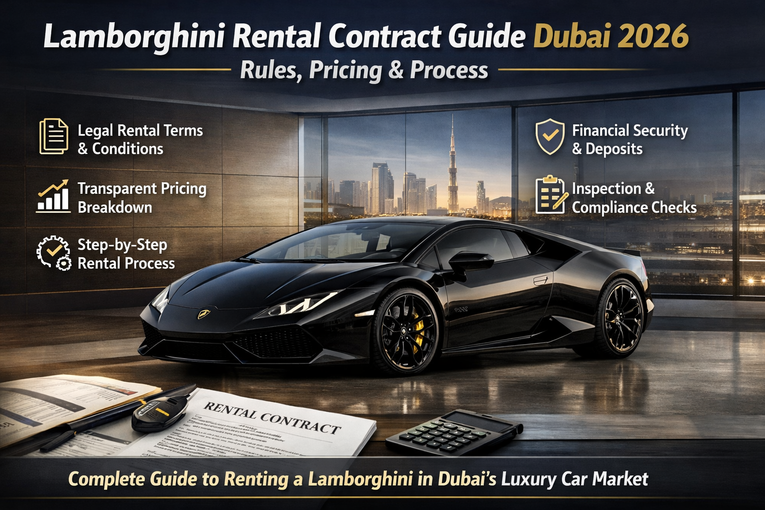 Lamborghini rental contract guide showing a luxury Lamborghini in Dubai with contract terms, pricing structure, inspection procedures, and rental process transparency