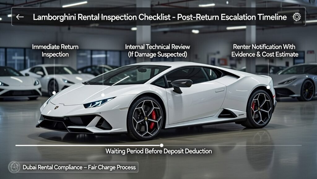 Full-body Lamborghini in a Dubai rental return inspection bay with timeline-style digital overlays showing post-return inspection, technical review, renter notification, and deposit hold period.
