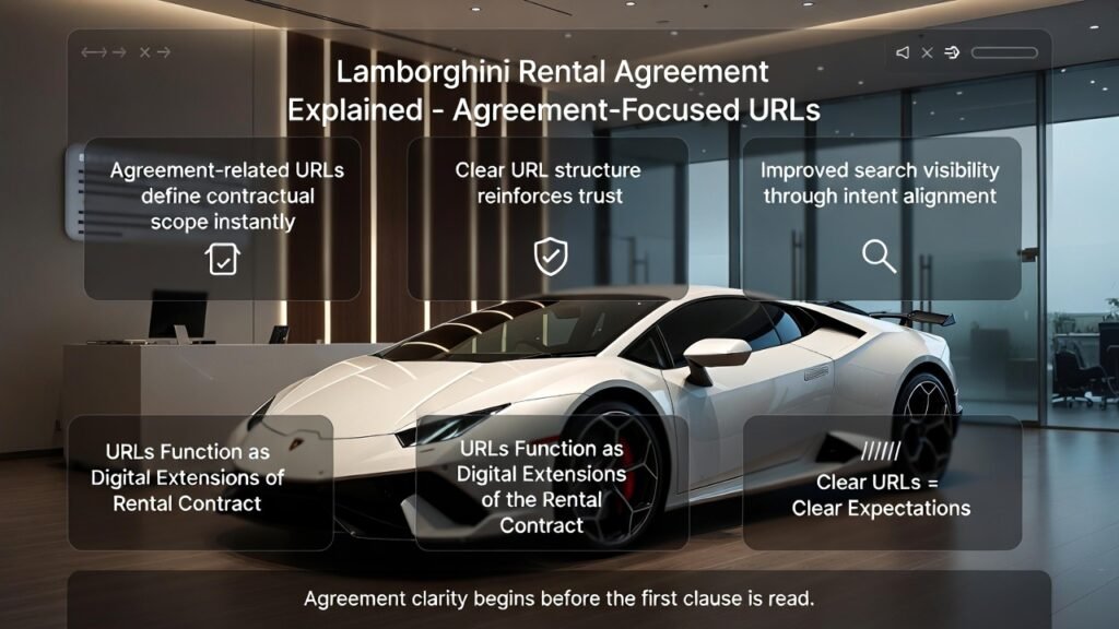 Full-view Lamborghini supercar in a Dubai luxury rental digital environment with URL and contract-themed overlays highlighting agreement clarity, trust signals, and search intent alignment.