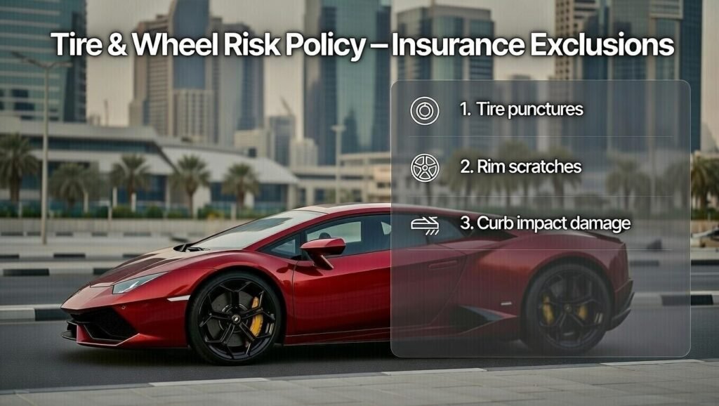 User guide image showing Lamborghini rental insurance tire and wheel risk policy with exclusions for punctures, rim scratches, and curb damage in Dubai 2026