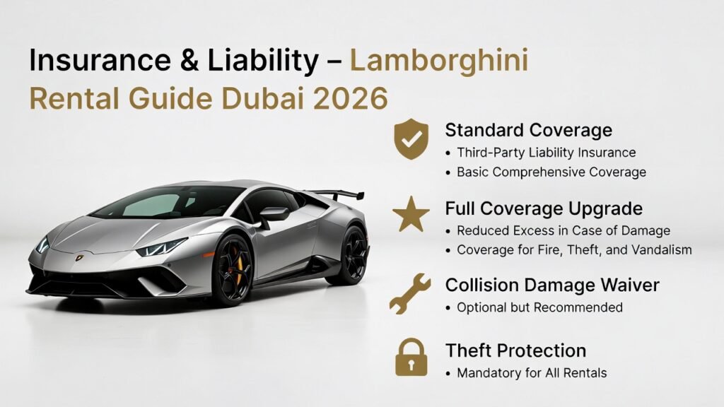 Lamborghini rental insurance and liability guide Dubai 2026 showing standard coverage, full coverage upgrade, collision damage waiver, and mandatory theft protection with a luxury Lamborghini on white background