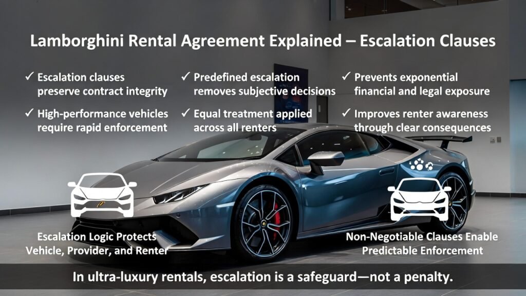 Full-view Lamborghini supercar in a Dubai luxury rental compliance environment with escalation-themed overlays showing predefined enforcement steps, risk control, and equal treatment under rental agreement clauses.