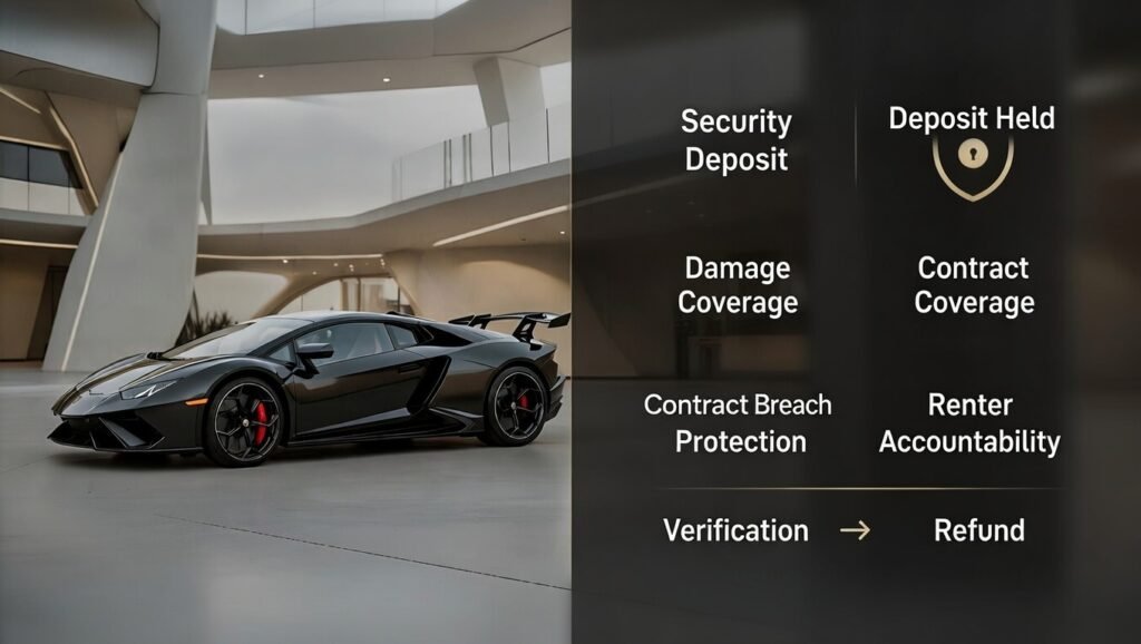 Security Deposit Structure in Lamborghini Rental Agreement Explained showing deposit purpose, protection against damage, contract breaches, and renter accountability