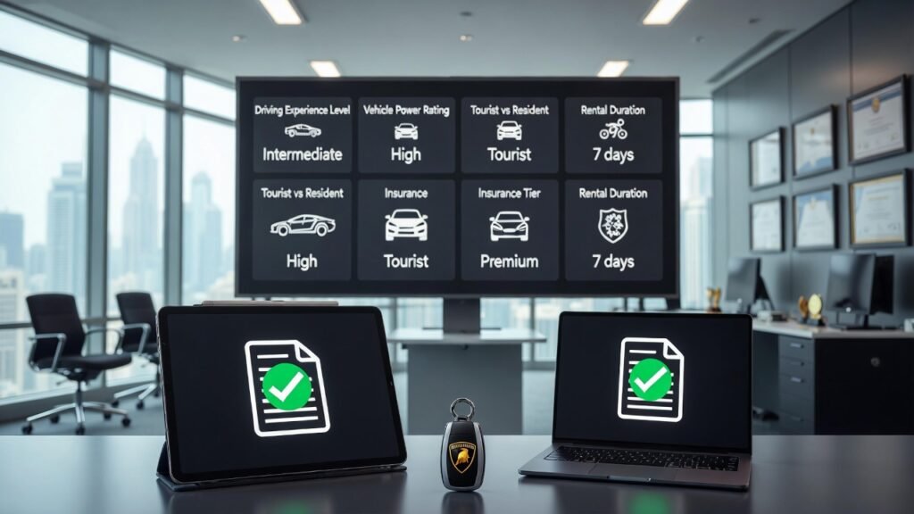 Documentation screening and risk profiling system used for Lamborghini rental requirements in Dubai 2026