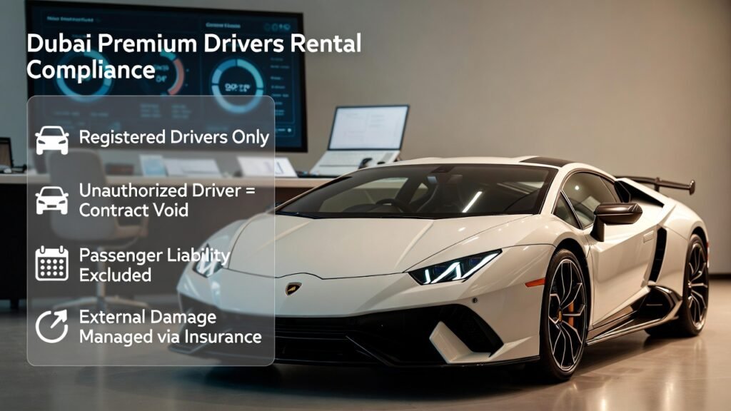 Lamborghini rental agreement explained illustrating third-party risk control with registered driver enforcement, liability limitation, and insurance handling in Dubai