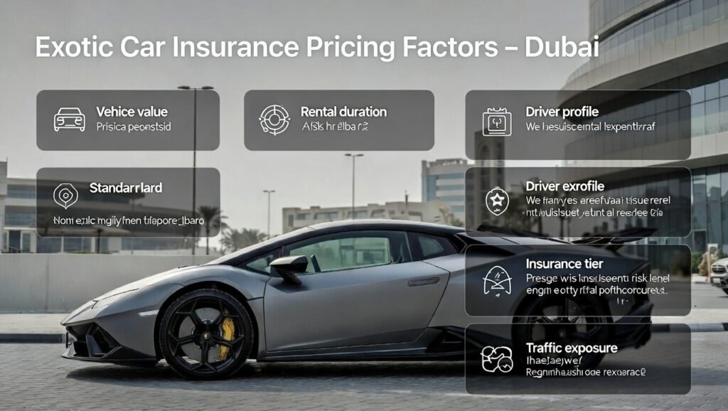 Insurance pricing factors for Lamborghini rentals in Dubai based on vehicle value, rental duration, driver profile, and risk exposure