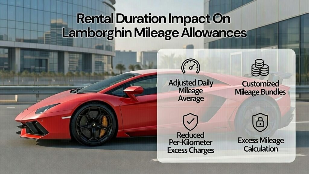 Lamborghini Rental Mileage Guide Dubai 2026 explaining how rental duration impacts mileage allowances through adjusted daily averages, customized mileage bundles, and reduced per-kilometer excess charges