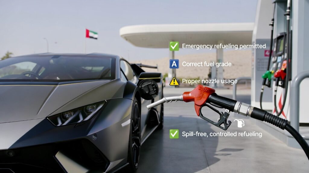 Lamborghini Rental Fuel Policy – Emergency Refueling Handling (Dubai 2026) Lamborghini supercar refueling at a Dubai fuel station with premium fuel nozzle and controlled refueling process, representing emergency refueling compliance under rental fuel policy.