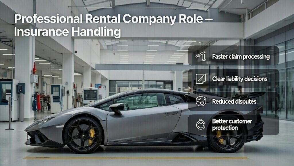 User guide image showing how professional rental companies manage Lamborghini rental insurance with faster claims, clear liability, and better customer protection in Dubai 2026