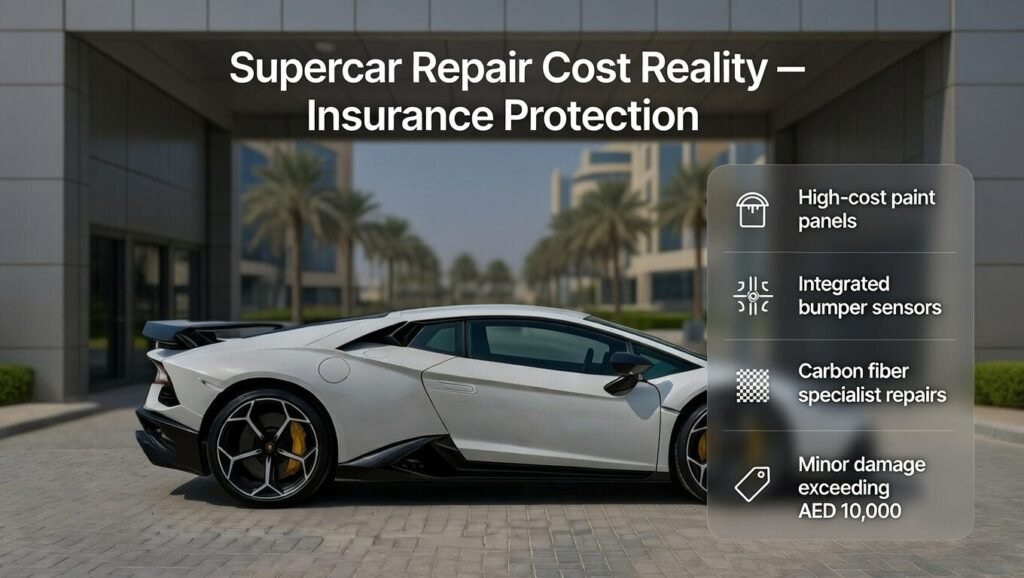 User guide image showing Lamborghini rental insurance mileage and driving use policies excluding track driving, racing, speed testing, and off-road use in Dubai 2026