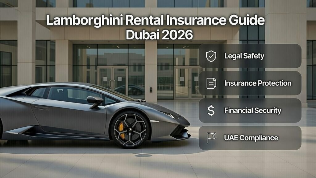 User guide image explaining Lamborghini rental insurance guide for Dubai 2026 covering legal safety, protection, and compliance