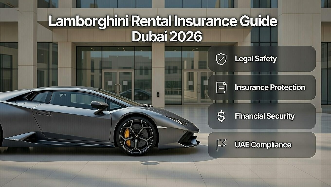 User guide image explaining Lamborghini rental insurance guide for Dubai 2026 covering legal safety, protection, and compliance