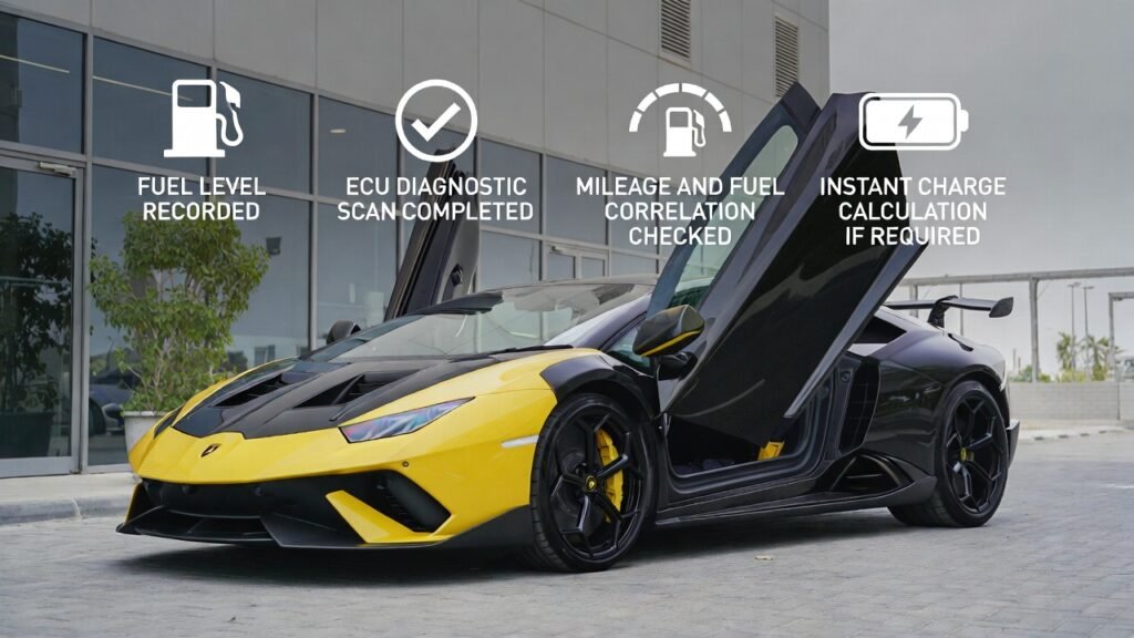 Lamborghini Rental Fuel Policy – Return Process Fuel Checklist (Dubai 2026) Lamborghini supercar at rental return point in Dubai with digital fuel gauge, ECU scan indicators, and mileage verification representing fuel policy return checks.
