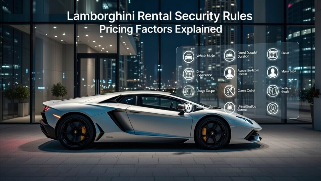 Lamborghini rental security rules Dubai 2026 explaining pricing factors including vehicle model value, rental duration, driver experience, usage scope, and risk classification for secure Lamborghini rentals