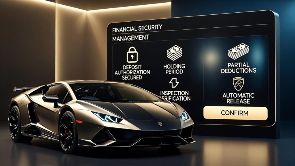 Security Deposit Treatment Under Updated Rental Terms Lamborghini rental terms explained showing security deposit authorization, holding period, documented deductions, and automatic release process in Dubai