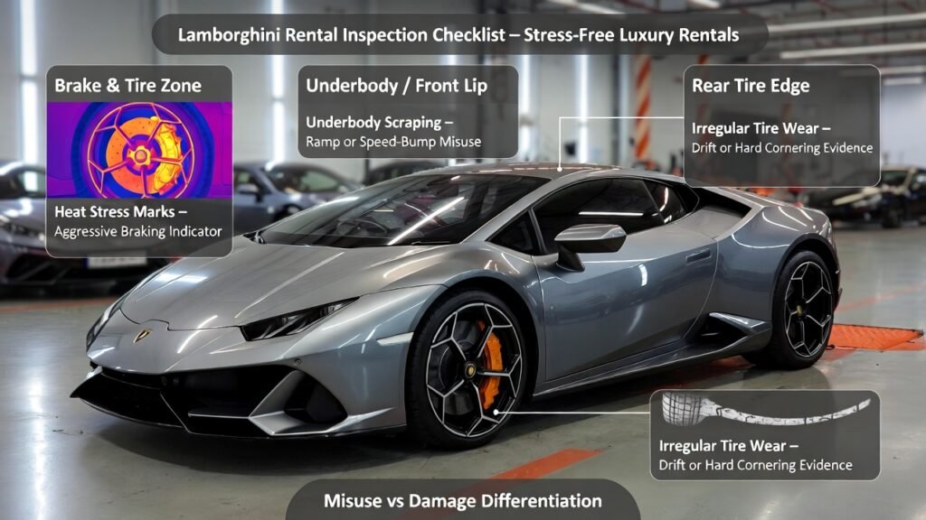 Full-body Lamborghini Huracán EVO inside a Dubai luxury rental inspection facility with graphic overlays identifying brake heat stress, underbody scraping, and irregular tire wear as part of a rental inspection checklist.