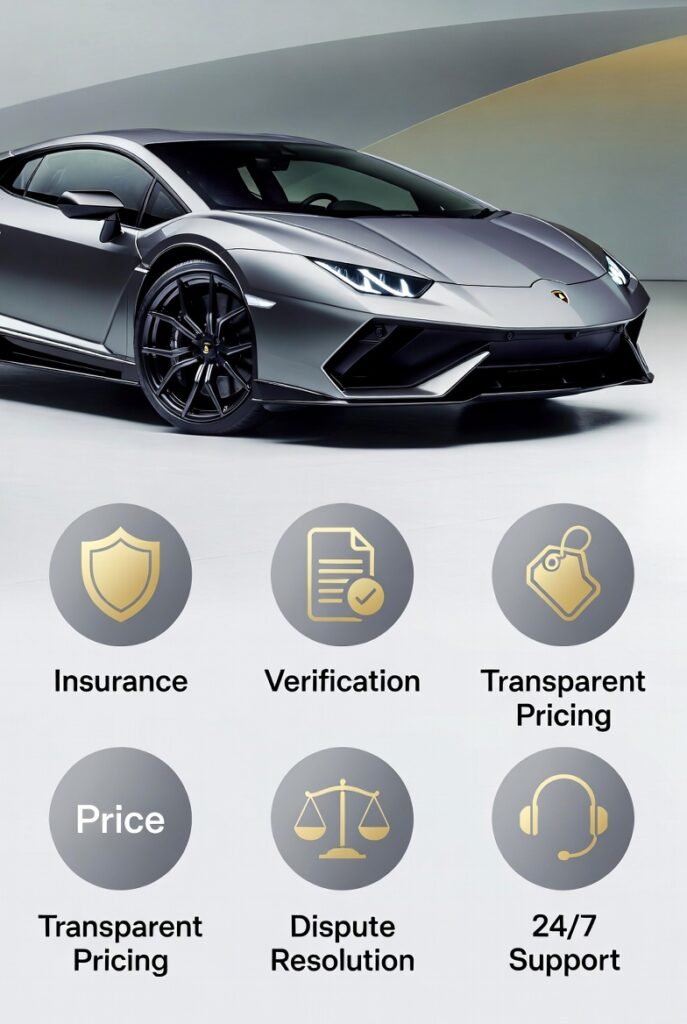 Licensed Lamborghini rental services in Dubai highlighting real insurance coverage, verified contracts, transparent pricing, professional dispute handling, and 24/7 support.