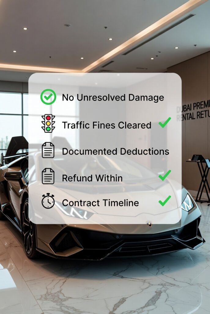 Lamborghini rental terms explained showing deposit refund conditions including damage-free return, traffic fine clearance, and documented deductions in Dubai