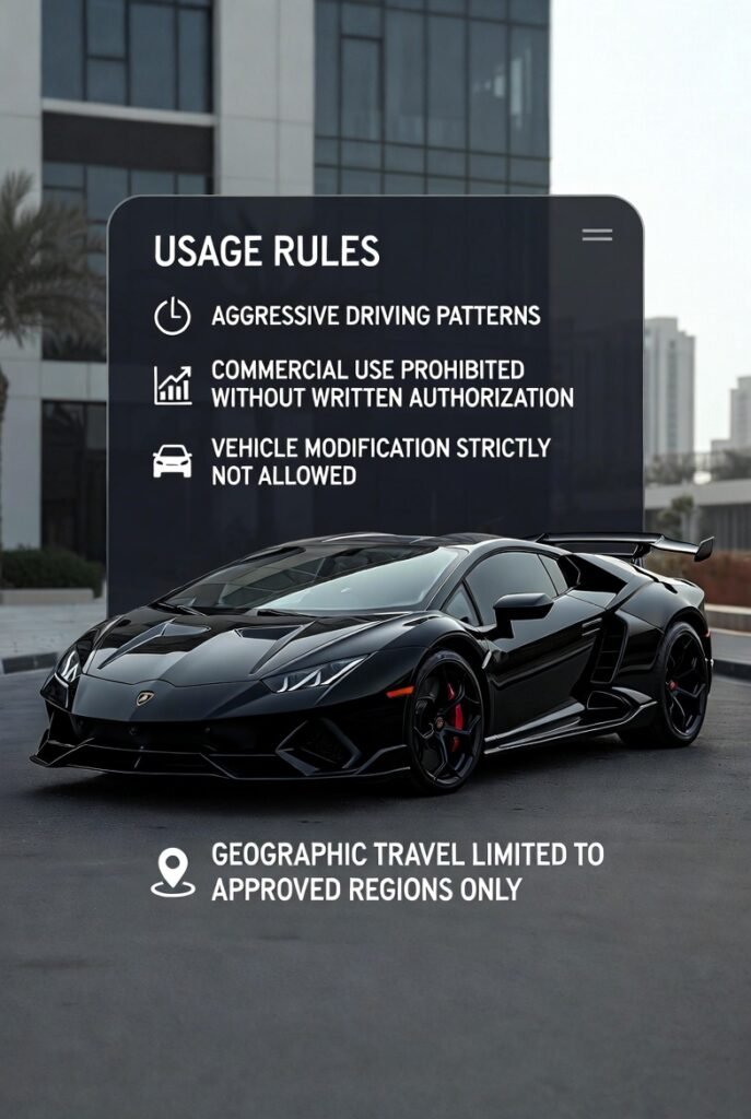 Usage Limitations Defined In Lamborghini Rental Terms Explained Lamborghini rental terms explained showing usage limitations, driving restrictions, geographic limits, and compliance rules for Lamborghini rentals in Dubai