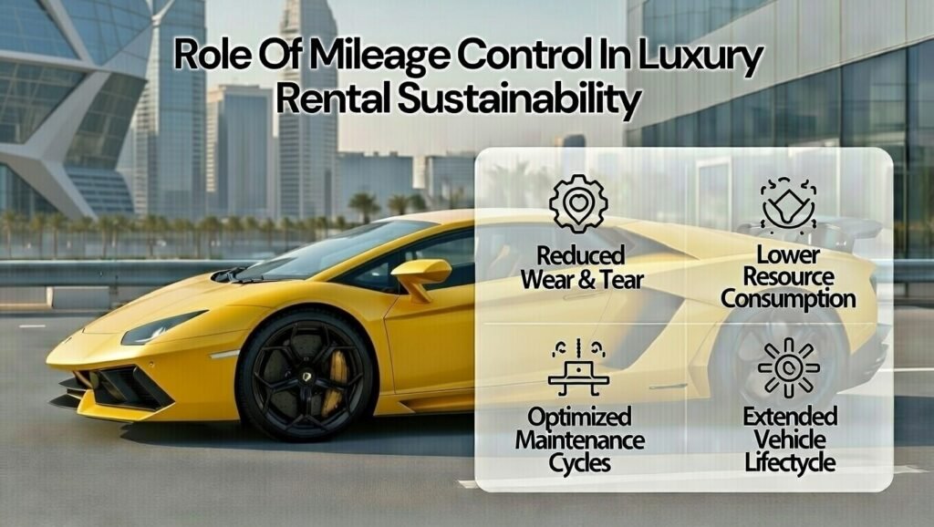 This Lamborghini Rental Mileage Guide visual highlights how mileage control contributes to sustainable luxury rentals, benefiting rental providers, renters, and long-term vehicle lifecycle management.