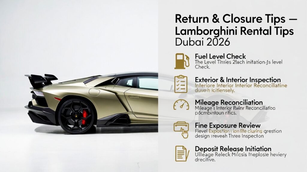 Lamborghini rental return and closure tips Dubai 2026 explaining fuel check, vehicle inspection, mileage reconciliation, fine review, and deposit release with white background car view