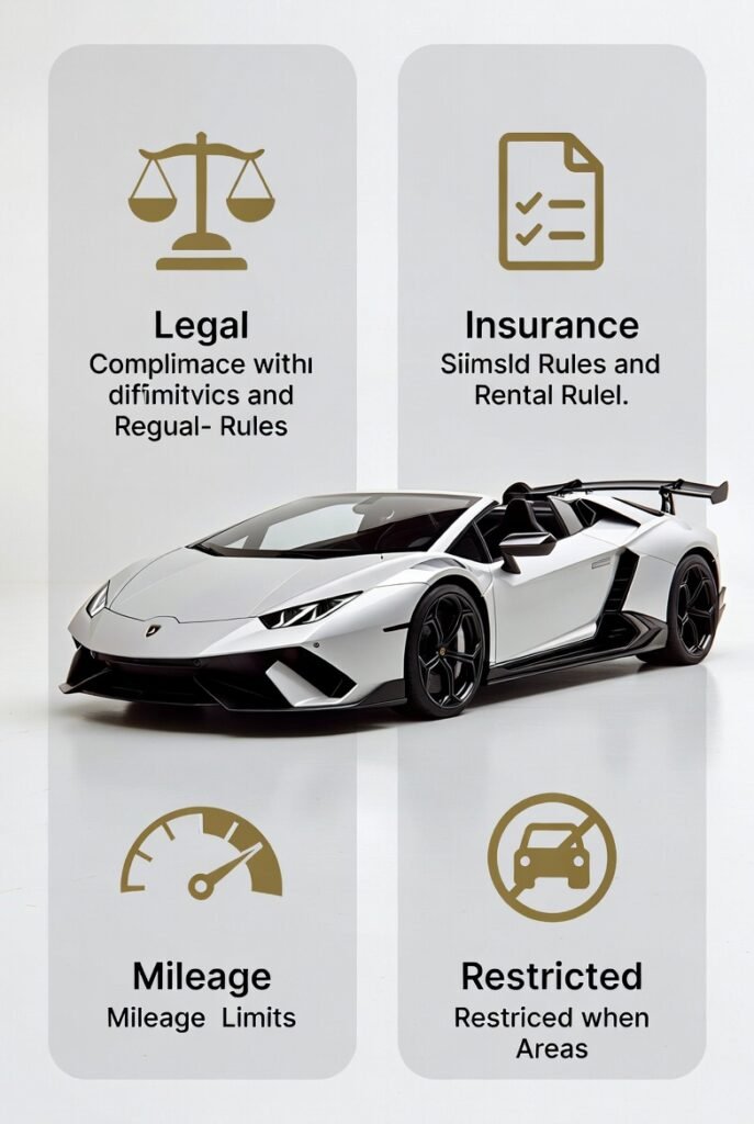 Lamborghini rental rules in Dubai showing legal driving limits, insurance compliance, mileage restrictions, and usage boundaries in 2026.