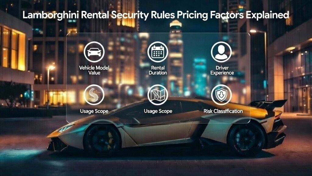Lamborghini rental security rules Dubai 2026 showing theft prevention obligations including secure key handling, vehicle locking requirements, no key duplication, and no unattended idling for protected Lamborghini rentals