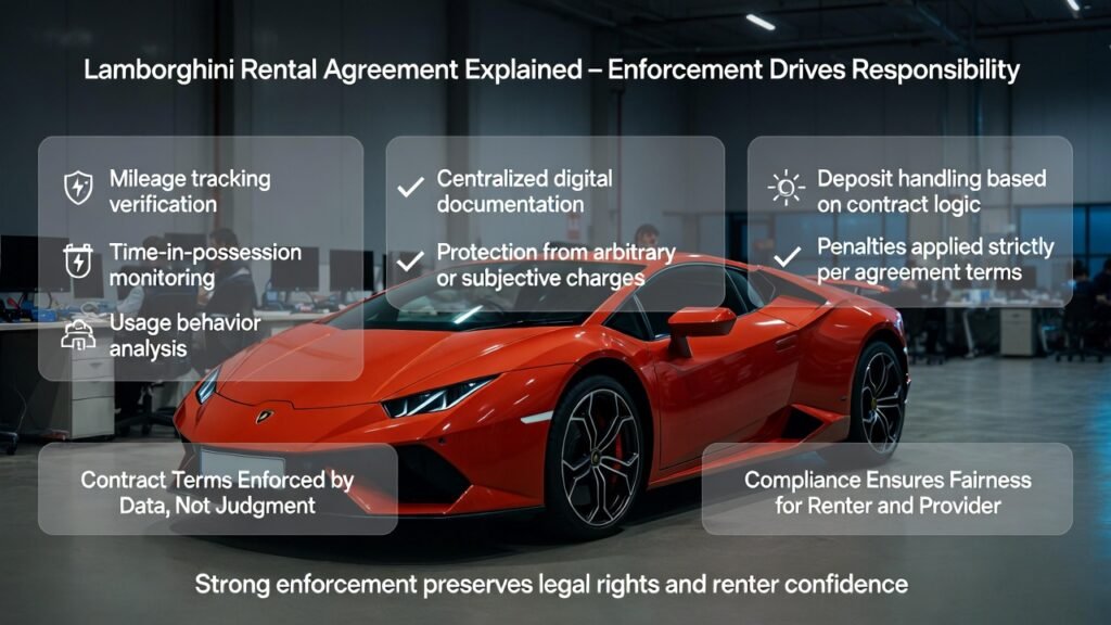 Full-view Lamborghini supercar in a Dubai luxury rental facility with enforcement-themed overlays showing mileage tracking, usage monitoring, deposit control, and centralized documentation under rental agreement rules.