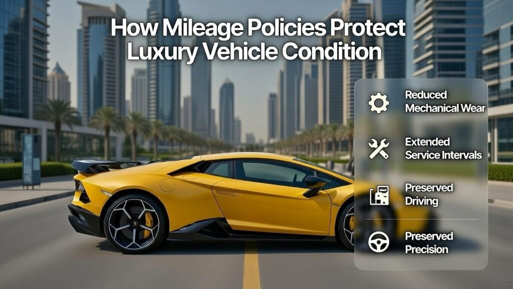 Lamborghini Rental Mileage Guide explaining how mileage policies protect luxury vehicle condition by reducing wear, extending service intervals, and maintaining driving precision in Dubai 2026