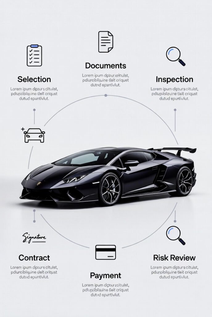 Smart Lamborghini rental process in Dubai showing step-by-step system from model selection to vehicle delivery in 2026.
